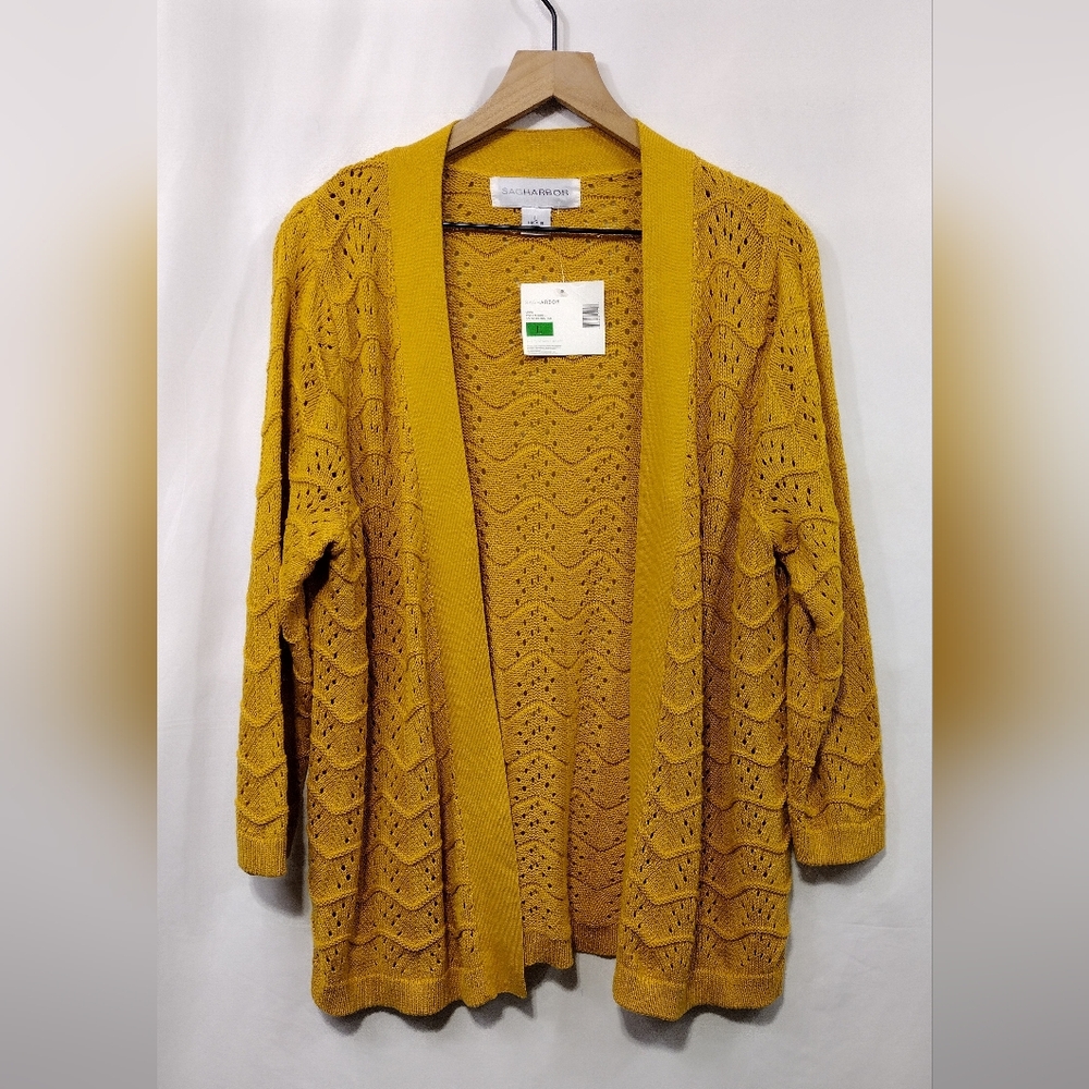 NWT Sagharbor Eyelet Open Front Cardigan Women's L Mustard Yellow Boho Retro Y2K